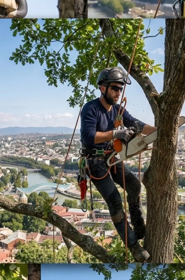 ხის გასხვლა ბენზოხერხით თბილისის პანორამის ფონზე
